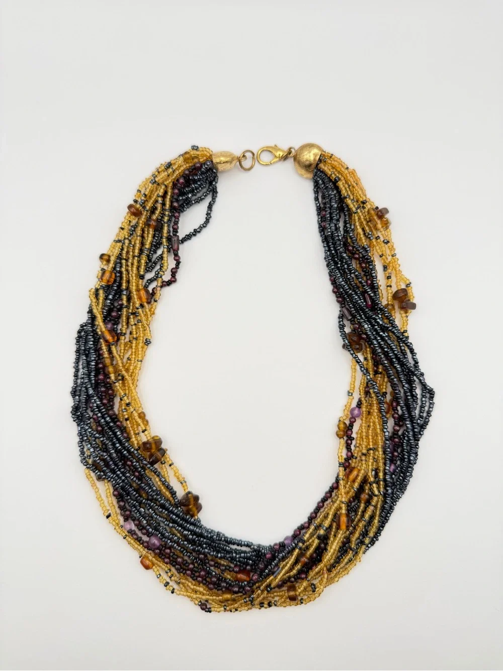 Vintage Multi-Strand Black & Gold Beaded Necklace & Clip-On Earrings Set